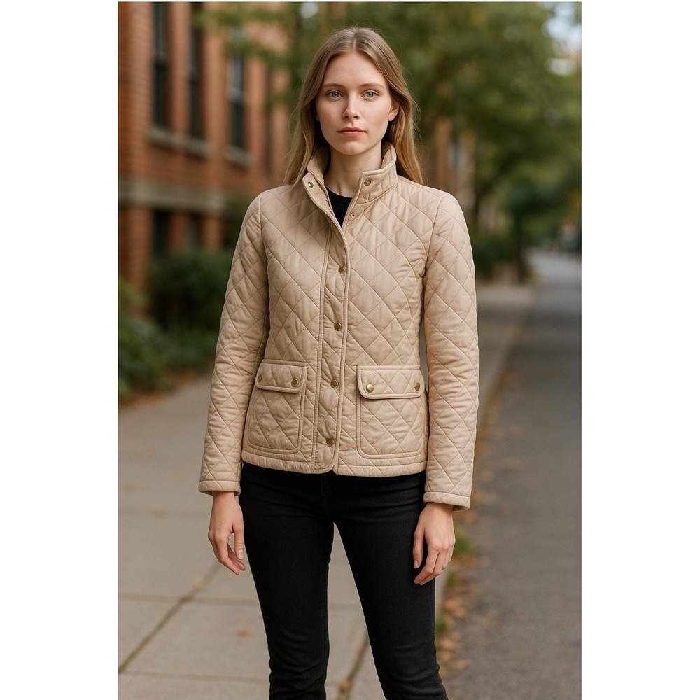 J.Crew Womens Excursion Quilted Jacket‎ Beige Tan Gold Snaps E2004 XS